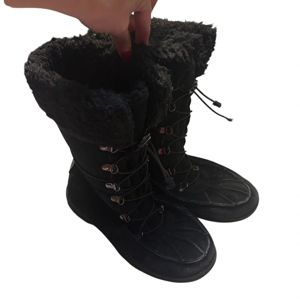 BearPaw Boots Size 9 Black Suede Leather Wool Lining Kirkwood Lace-Up Winter